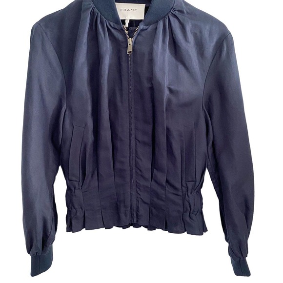 Frame Pleated Linen Bomber Style Jacket Size XS Navy Blue - Picture 5 of 6